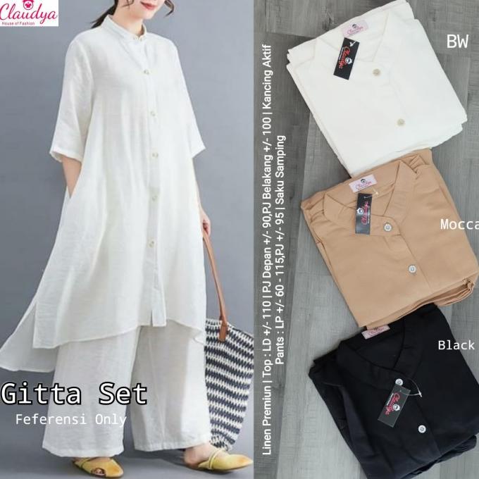 Setelan Wanita Long Tunik Dan Kulot Katun Rami Putih Tulang Hitam Moca