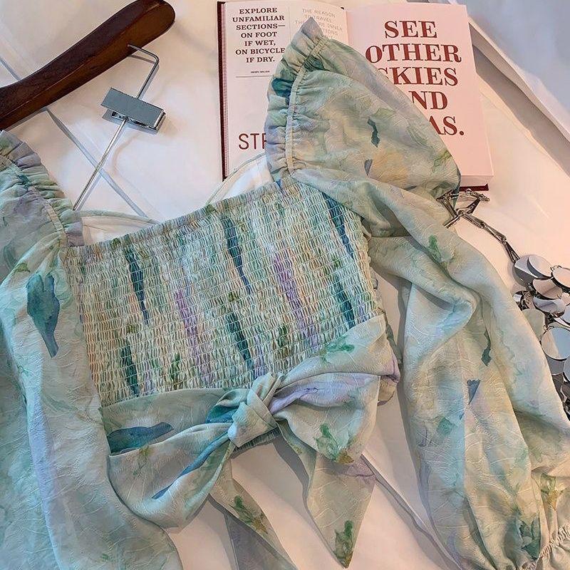 SuhaoBaju Sifon Gaya Korea, Baju Sifon Lengan Puff, Kerah Persegi, Motif Bunga, Gaya Korea2023Lapisa