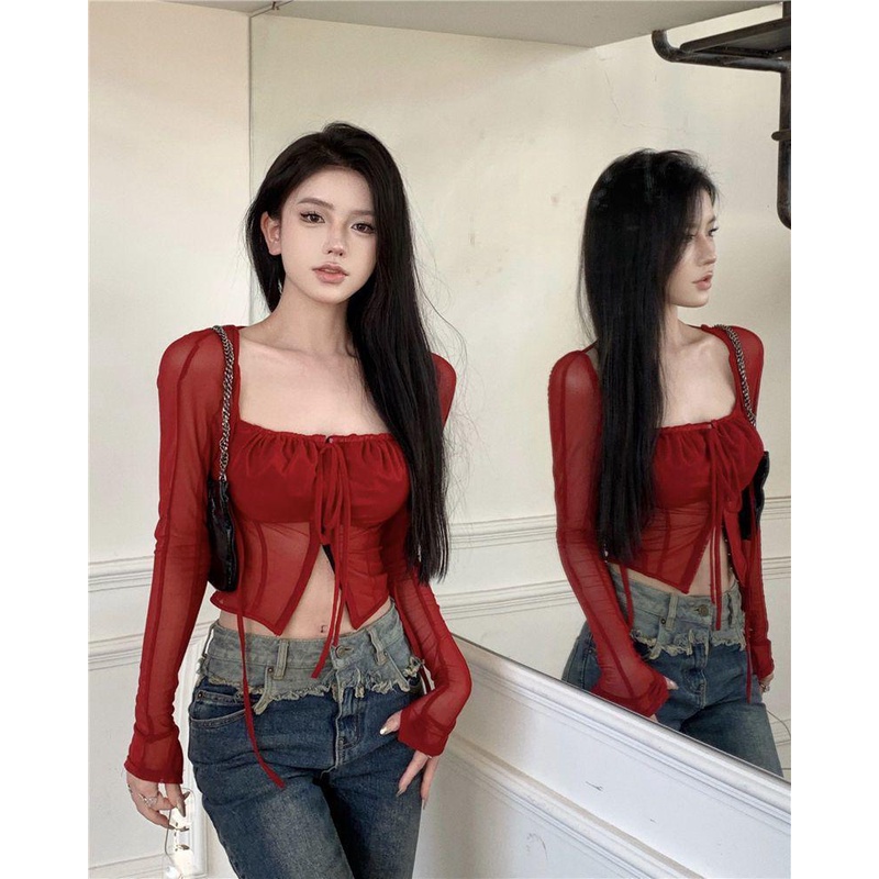 SuhaoWanita Dewasa Seperti Wanita Gaya Pure Desire Burgundy Mesh Square Kerah Ketat Chic Top untuk A