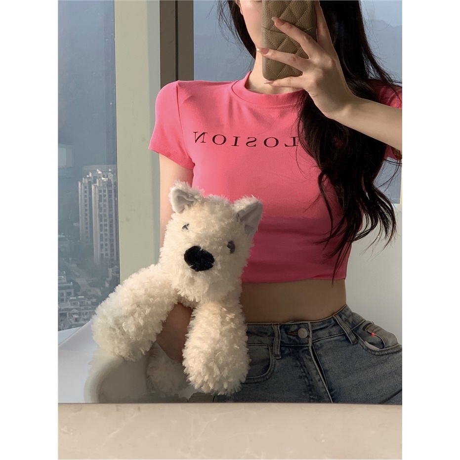 ▤♂#COD Suhao manis hot gadis dicetak T-shirt lengan pendek wanita musim panas huruf desain rasa ceruk ketat seksi kemeja bottoming pendek atas