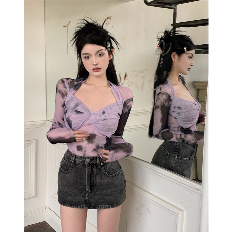 ♧▬◈#COD Suhao Hot Girl Tie-Dyed Mesh V-Leher Lengan Panjang T-shirt Wanita Musim Panas 2023 Perspektif Baru Slim Seksi ketat Tipis Top