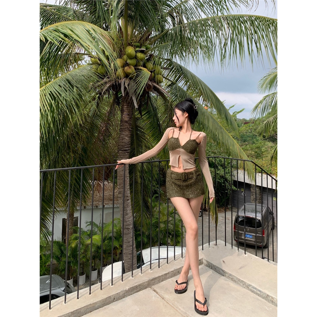 ▥♙❒#COD Suhao hot girl menggantung leher lengan panjang T-shirt wanita musim semi 2023 baru desain klavikula rasa ceruk jahitan slim top pendek