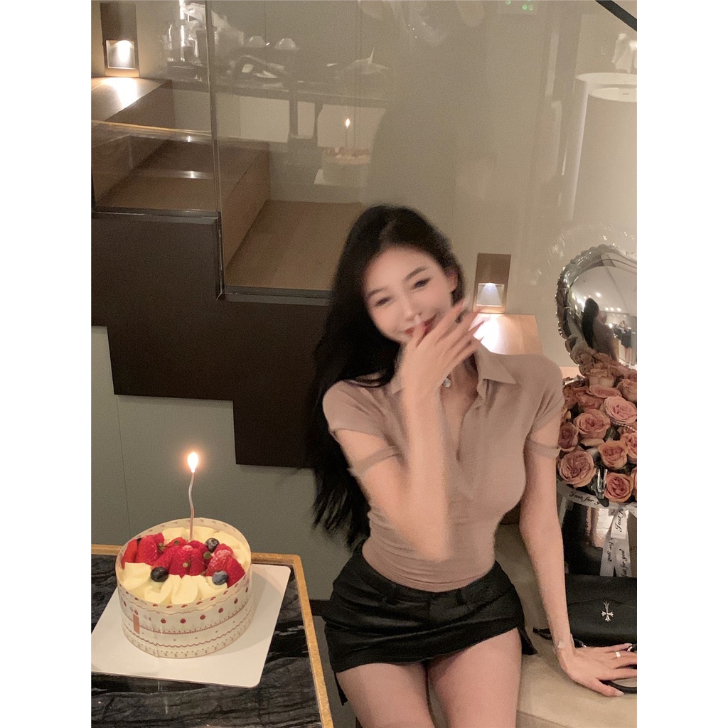 ▲✲▫#COD Suhao hitam lengan pendek T-shirt wanita musim panas baru v-neck sexy hot girl rasa desain niche slim slim top pendek