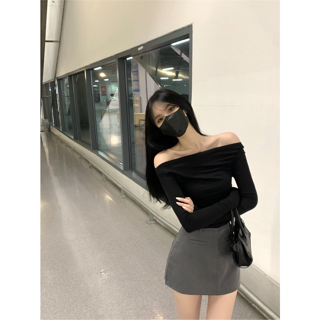 ◙﹍☞#COD Suhao Hot Girl One-Shoulder Lengan Panjang T-shirt Wanita Musim Semi 2023 Baru Lipit Pinggang Slim-Fit Atasan Pendek Kemeja Bawahan