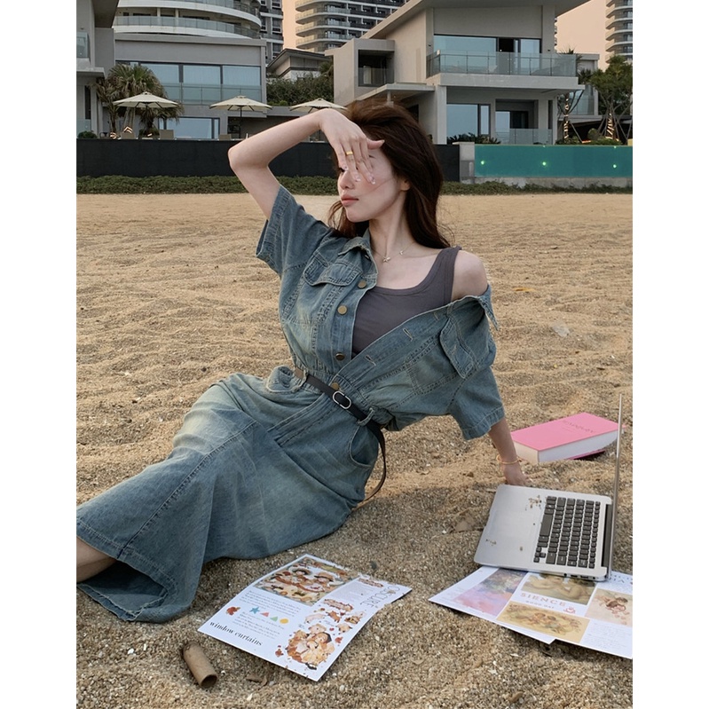 ▤#COD Suhao Gaya Hong Kong kerah dicuci kemeja denim gaun musim panas wanita one-piece rok celah fishtail tas rok pinggul rok panjang