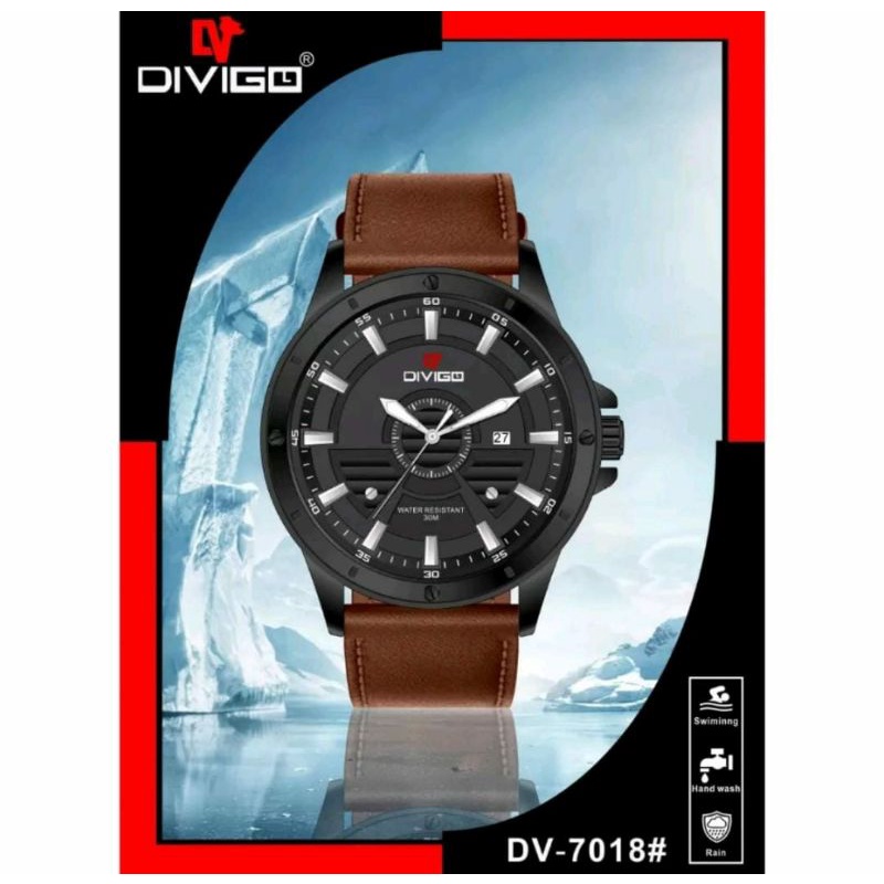 Jam Tangan Dv 7018 Original Divigo Watch's Kulit Leather Pria Tanggal Aktif