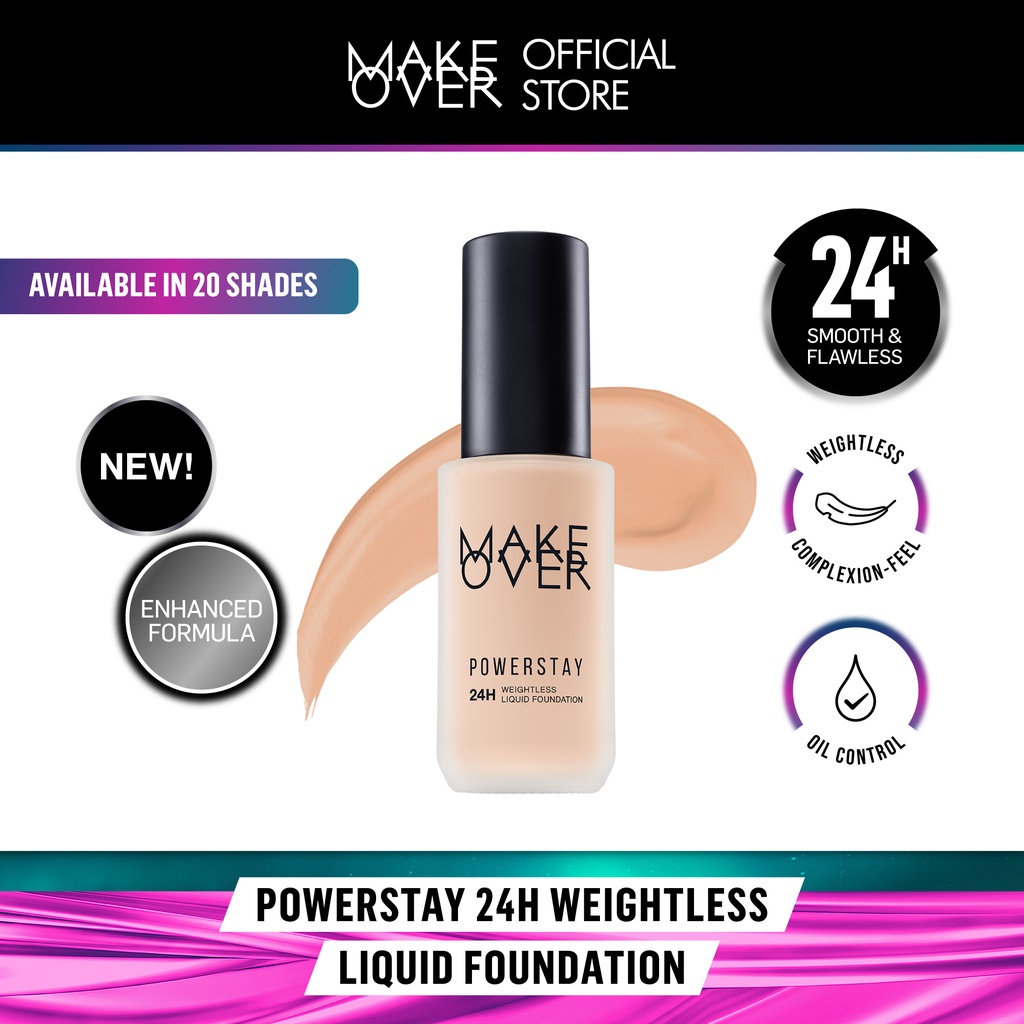 MAKE OVER POWERSTAY 24H Weightless Liquid Foundation - High coverage flawless ringan poreless oil control makeup tahan lama 24 jam BEST SELLER