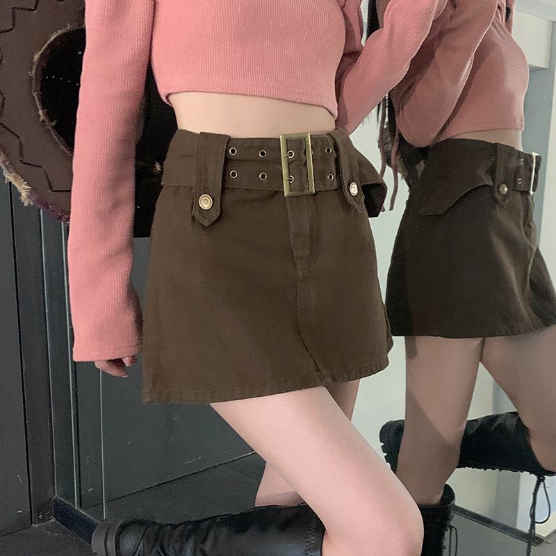 Red Hot girl a-line denim skirt women s summer new pink bag hip skirt anti-light skirt high waist slimming short skirt