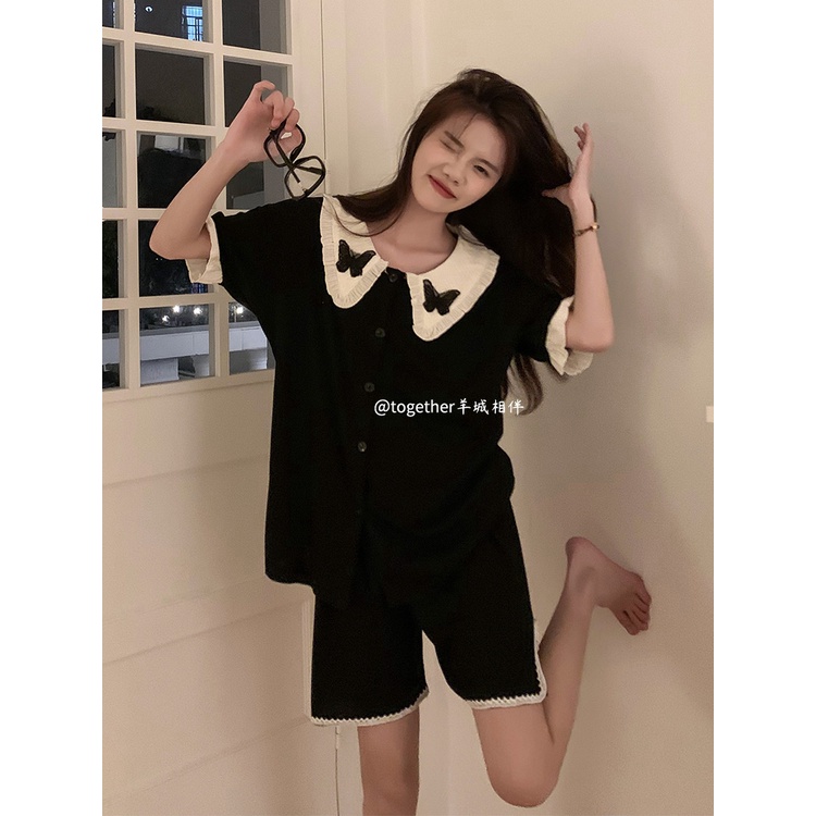 ✘✳✸Stelan baju tidur wanita pajamas women s 2022 summer pure cotton new black butterfly high-quality home service thin section short-sleeved cardigan two-piece set #COD baju tidur wanita bahan kaos