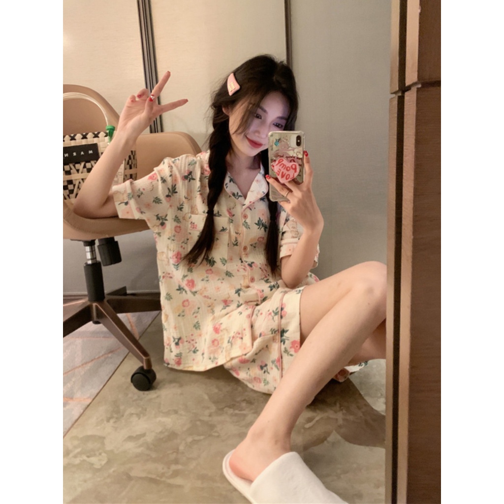 ❦∈stelan baju tidur wanita pajamas summer women s pure cotton yarn cute small fresh floral rabbit ins style student short-sleeved home service suit #COD baju tidur wanita bahan kaos