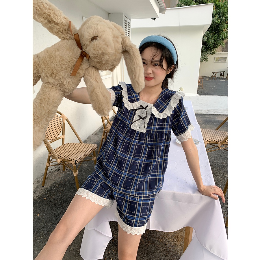 ™stelan baju tidur wanita Xinbangbang Homedress cute doll collar short-sleeved homewear set student plaid pajamas women summer #COD baju tidur wanita bahan kaos