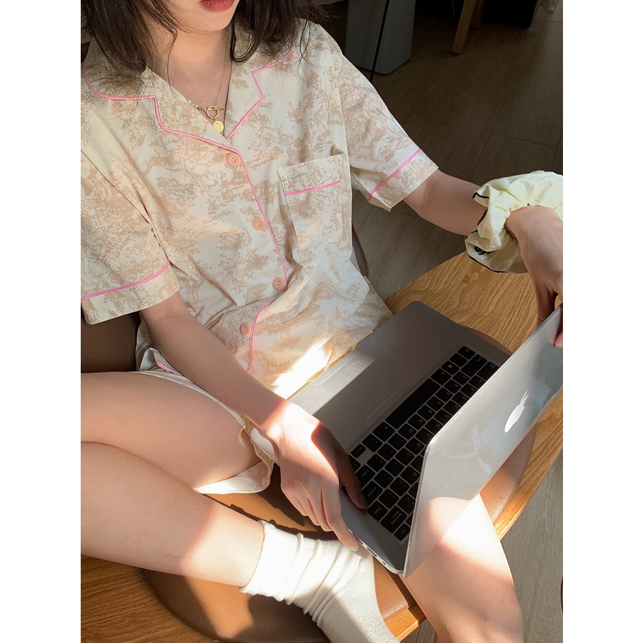 ♗✐™stelan baju tidur wanita Xinbangbang Homedress summer retro pattern short-sleeve pyjamas students comfortable and breathable outer wear home clothes women #COD baju tidur wanita bahan kaos