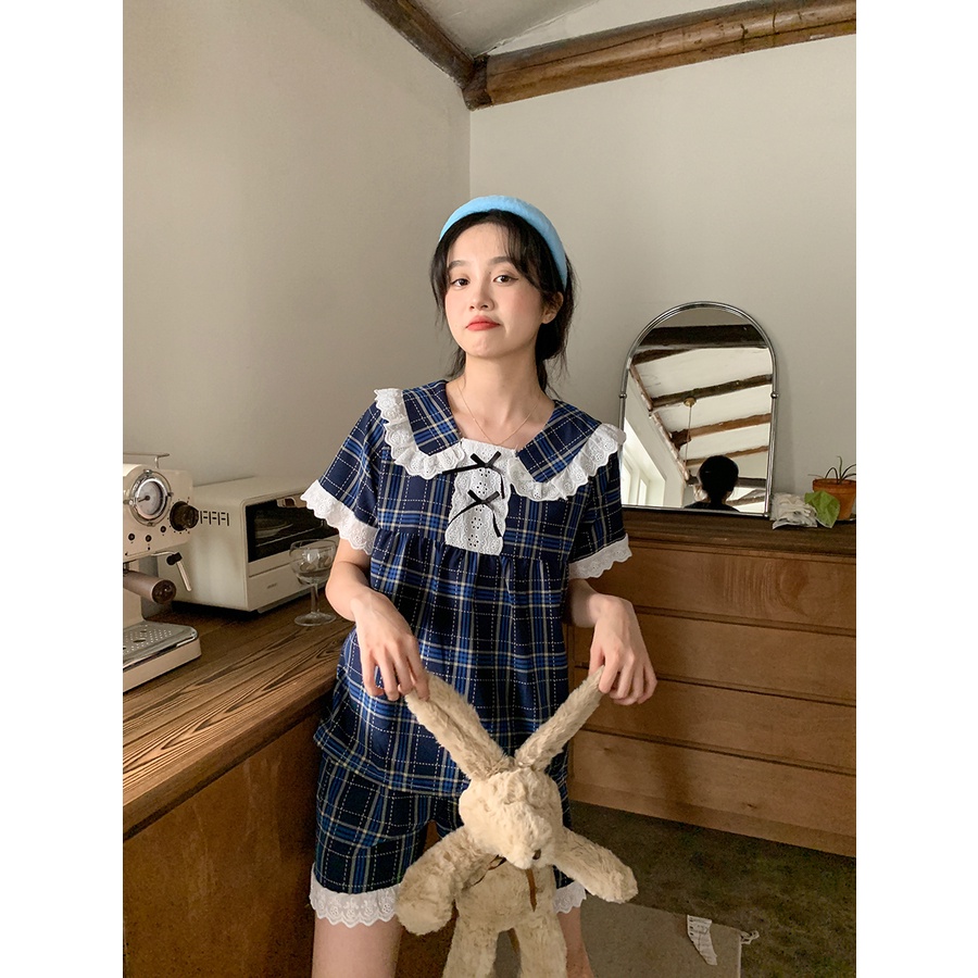 ™stelan baju tidur wanita Xinbangbang Homedress cute doll collar short-sleeved homewear set student plaid pajamas women summer #COD baju tidur wanita bahan kaos