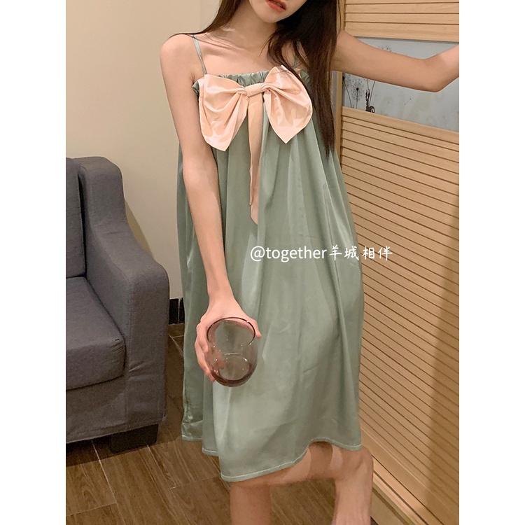 ✴stelan baju tidur wanita Korean high-end nightdress women s summer ice silk baru 2023 solid color bow girl thin section suspender dress #COD baju tidur wanita bahan kaos