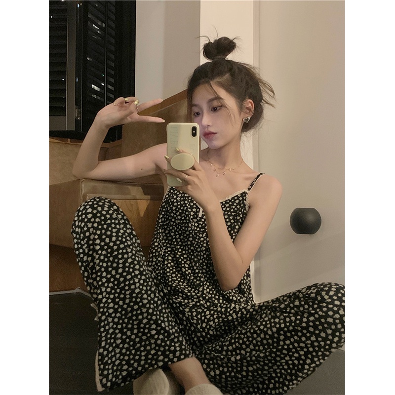 ✈┇stelan baju tidur wanita Japanese style ins wind pajamas women summer new sweet little floral girls thin suspenders trousers home service set #COD baju tidur wanita bahan kaos