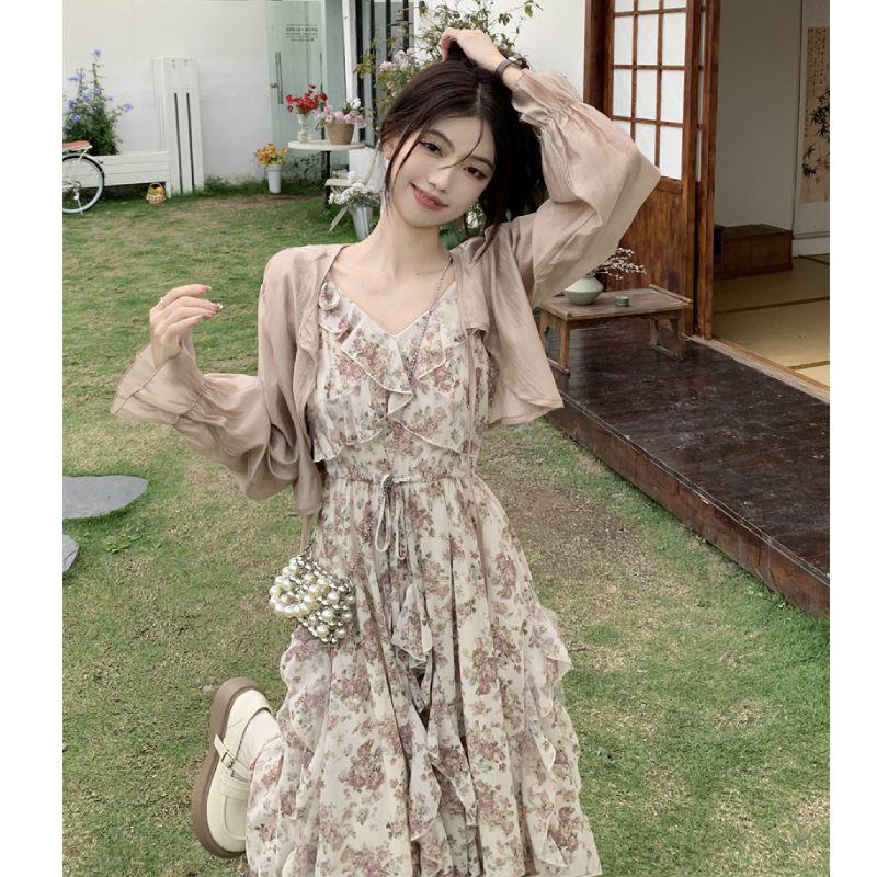 dress floral korea Rok Suspender Elegan Kerutan Prancis+Gaun Kardigan Wanita, Rok Setelan Musim Pana