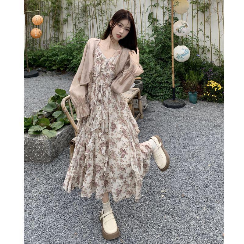 dress floral korea Rok Suspender Elegan Kerutan Prancis+Gaun Kardigan Wanita, Rok Setelan Musim Pana