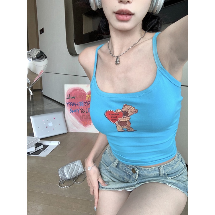 ❈✼♕Suhao Amerika dicetak rompi selempang kecil wanita pakaian dalam musim panas biru slim pendek chic backless hot gadis pakaian luar top crop top sexy tank top wanita motif