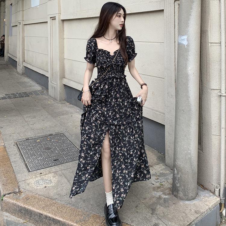 dress floral korea Gaun Lengan Pendek Wanita, Baju Kerah Persegi Gaya Perancis Motif Bunga Musim Pan