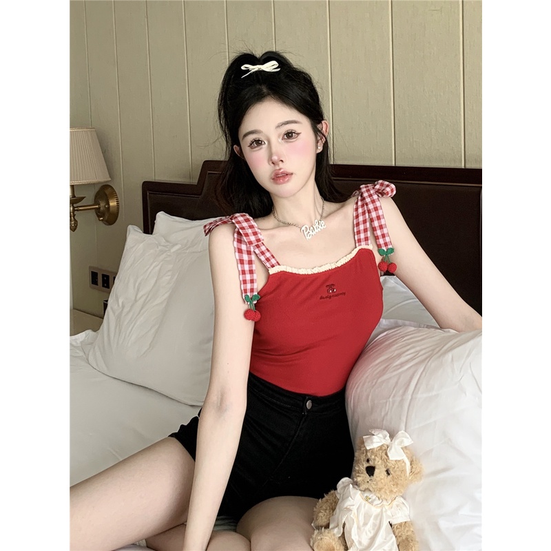 ►☼●Suhao Sweet Babes Renda Bordir Kecil Kamisol Wanita Musim Panas Kotak-kotak Tali Slim Fit Seksi Top Crop Top Seksi Tank Top wanita Motif