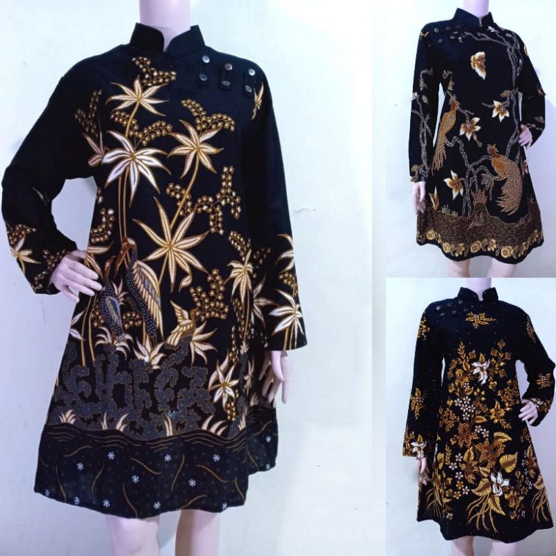 Dress Batik Wanita Modern Lengan Panjang Warna Hitam Original Aksara Batik Pekalongan Baru Ada Ukura