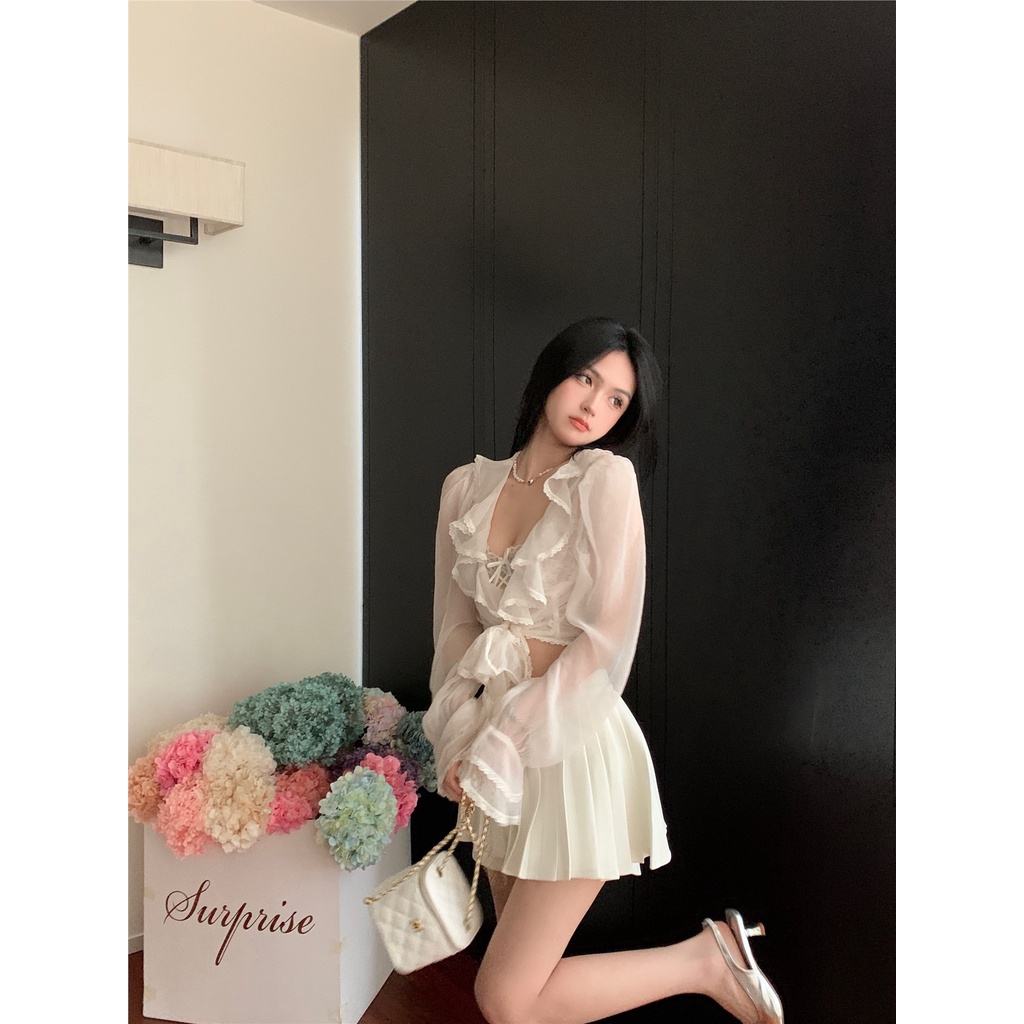 ✽Suhao gadis panas manis V-neck kemeja sifon wanita musim panas bagian tipis tembus pandang renda tabir surya kardigan pendek top coat crop top tank top seksi wanita motif