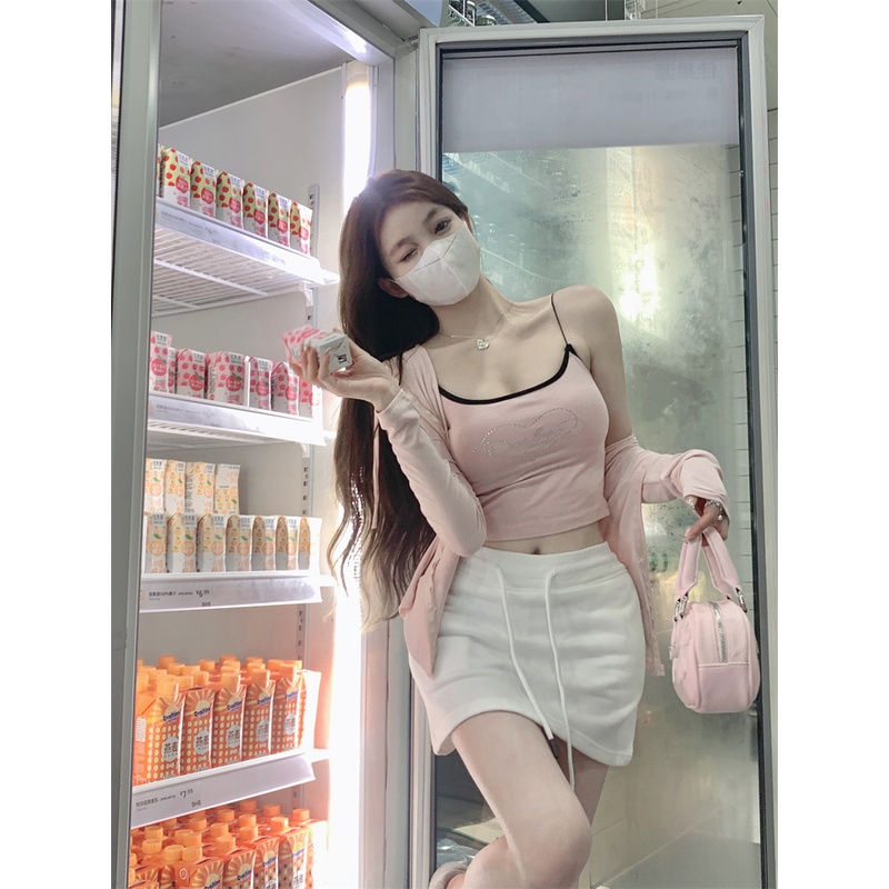 ◄❐۞Suhao hot girl sexy suit pure desire camisole female summer sun protection hooded cardigan bag hip skirt three-piece set crop top sexy tank top wanita motif