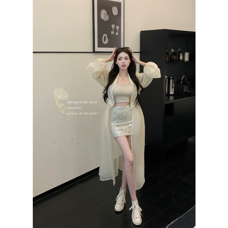 ❃✈Suhao mid-length chiffon tabir surya cardigan setelan perempuan hot gadis kamisol musim panas tas payet pinggul rok setelan jas tiga potong crop top sexy tank top wanita motif