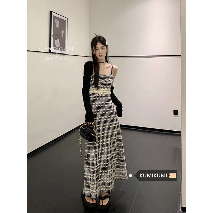 ✹gaun musim panas pantai Perancis retro ceruk pinggiran rajutan rok bergaris gaun musim panas wanita rok suspender temperamen liburan rok panjang