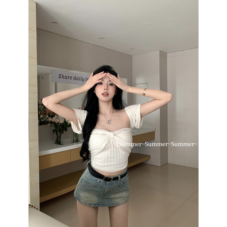 Red Keinginan Murni Gaya Hot Girl Niche Lengan Pendek Wanita Musim Panas Seksi Busur Budidaya Diri Slim Pendek Tube top One-Shoulder Top