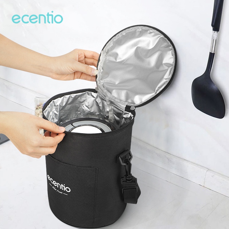 Ecentio Tas Bekal Lunch bag Tas Tempat Makan Hitam/Berbentuk silinder