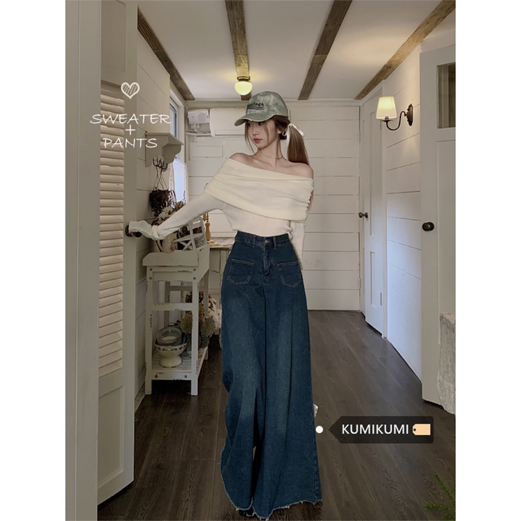 Red Spice girl suit wanita chic one-shoulder lengan panjang sweater top musim semi lebar kaki celana jeans fashion setelan jas