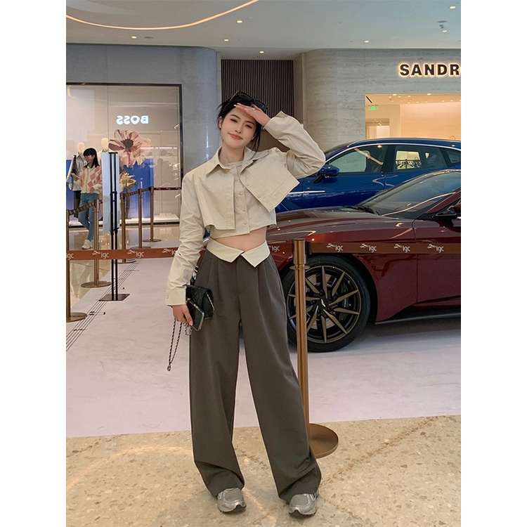 Red Temperamen retro tipis sesuai Polo kerah lengan panjang palsu dua potong kemeja musim semi wanita perapi celana kasual celana two-piece set