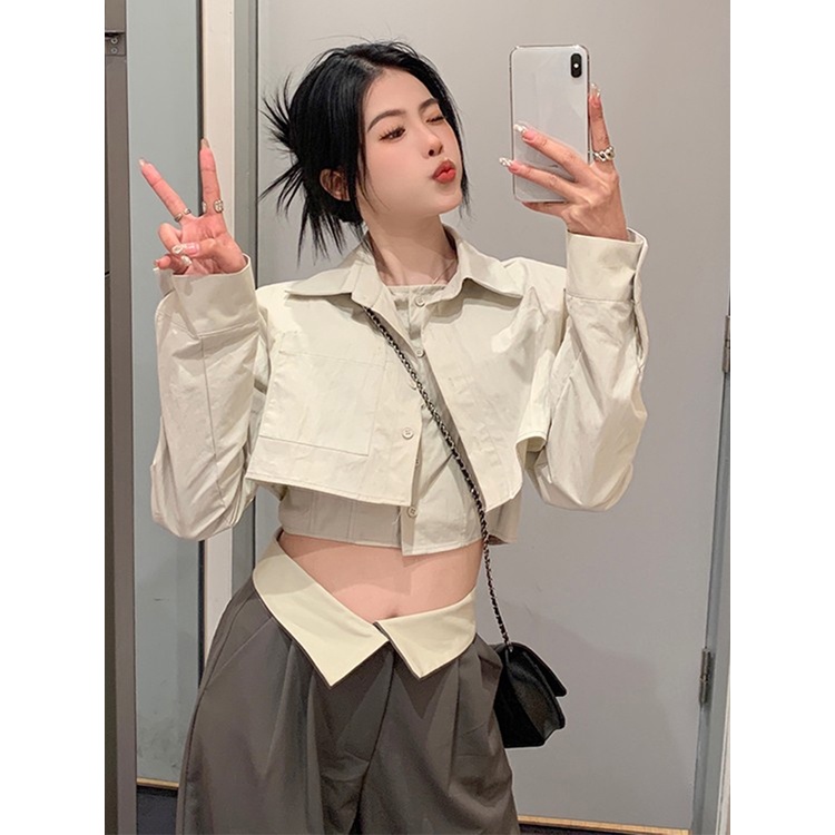 Red Temperamen retro tipis sesuai Polo kerah lengan panjang palsu dua potong kemeja musim semi wanita perapi celana kasual celana two-piece set