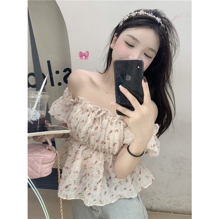 Red Sweet French Shirt One-Shoulder Puff Sleeve Floral Shirt Women s Summer Design Rasa Niche Chic Short Top