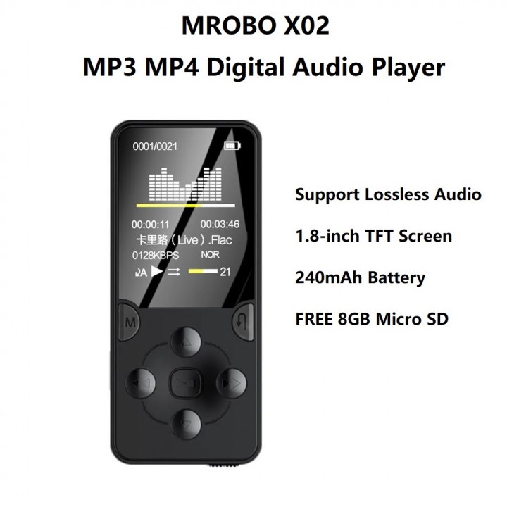 MROBO X02 - MP3 MP4 Digital Audio Player HiFi - Free 8GB Micro SD