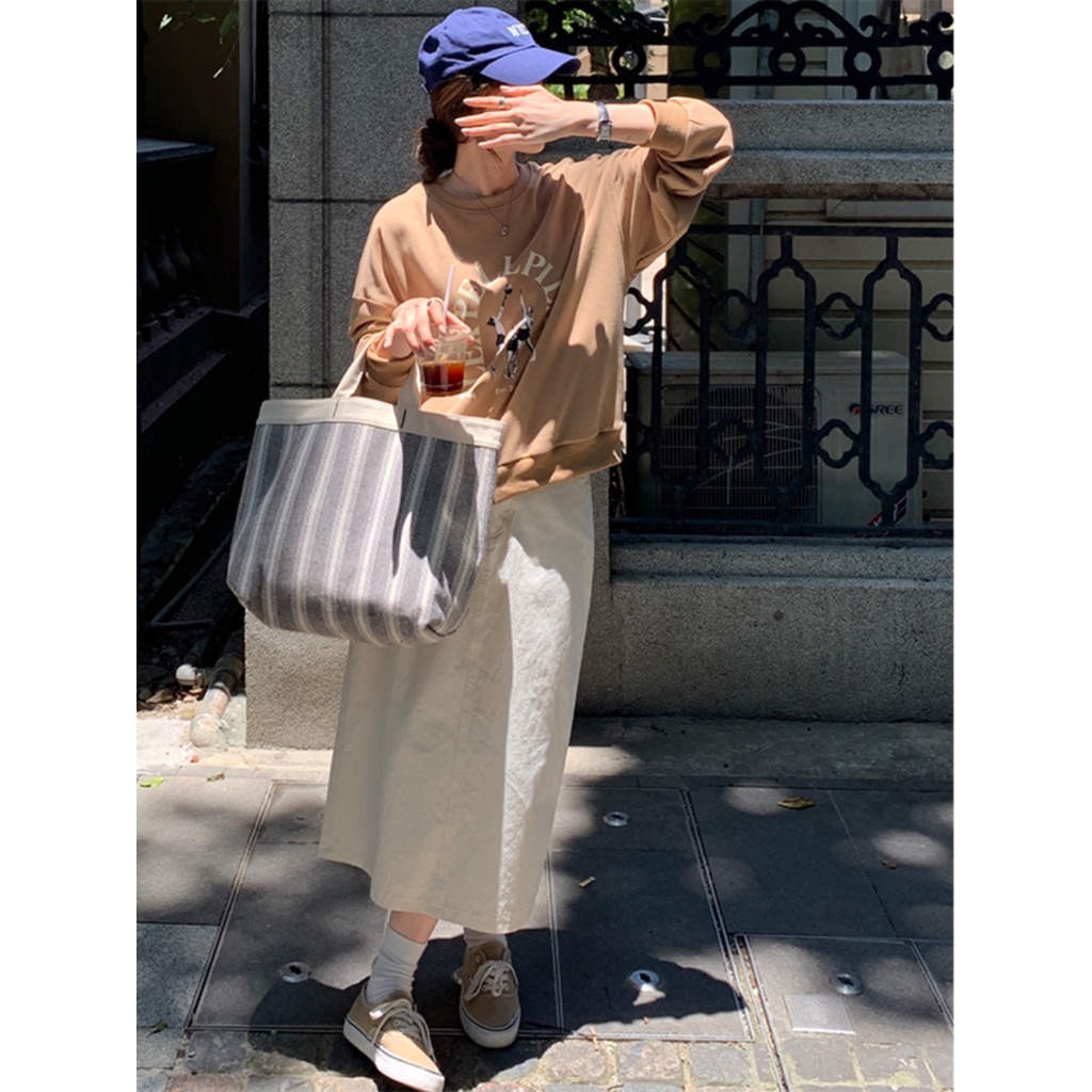 Red Akal desain ceruk celah lurus rok wanita musim panas pinggang tinggi pelangsing all-match a-line rok panjang rok merah muda