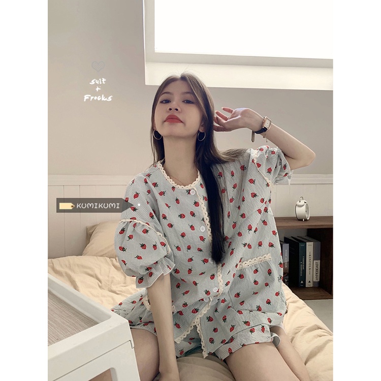 Red Strawberry Homewear Suit Wanita Jahitan Renda Longgar Piyama Musim Panas Kasual Celana Pendek Dua Potong Set