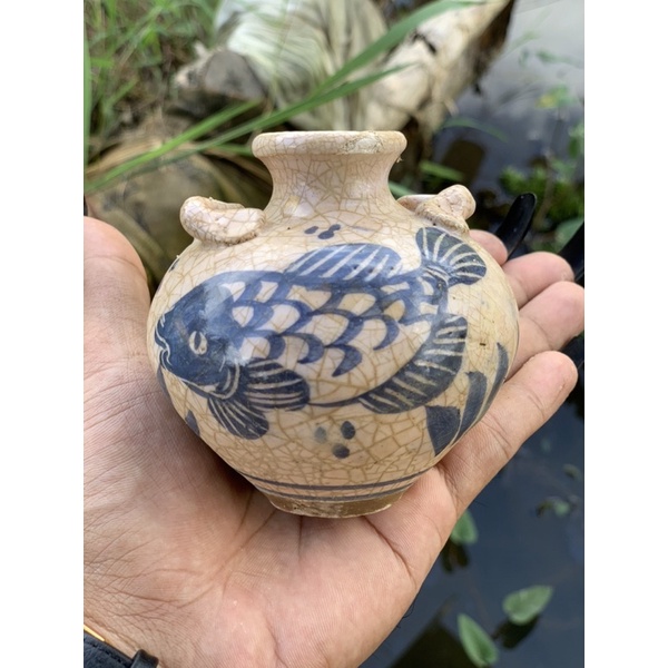 Cupu Kramik Kuno Motif Ikan Retak 1000