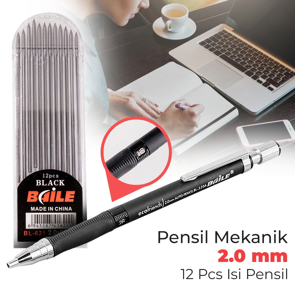 

Pensil Mekanik Mechanical Pencil 2B 2mm 12 Isi - Black