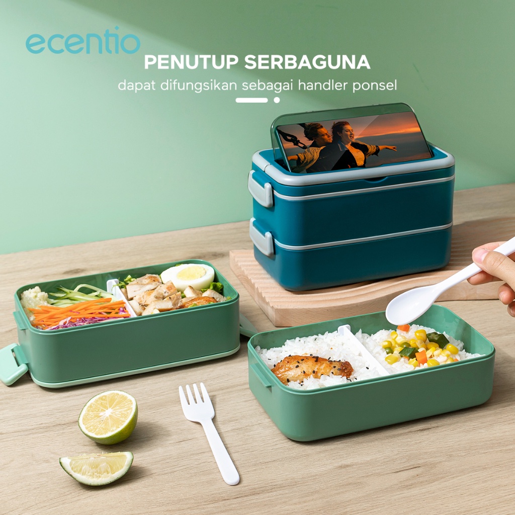 ecentio Kotak Makan Anak 2 susun 1.6L anti tumpah dan sauce 40ml Sauce Cup Sendok set container microwavable/lunch Bento box 2 Layer/BPA free/Free Sendok