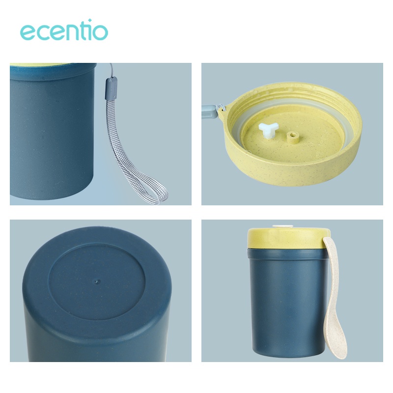 ecentio Tempat Sup Jerami Gandum Cangkir sup Kotak makan sup Dengan Sendok Anti Tumpah mug mini 350ml BPA free