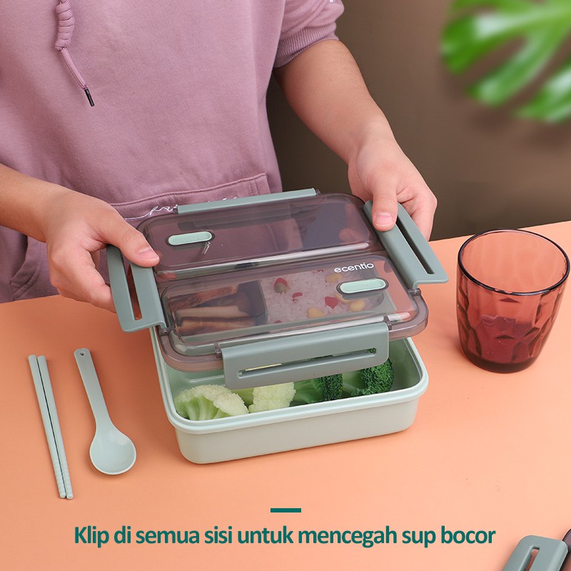 Ecentio 1100ml 3 grid lunch box anti bocor/ anti percikan kotak makan / free sendok&amp;sumpit /BPA FREE