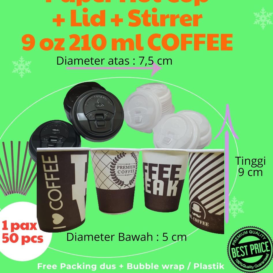 Terlaris Paket Paper Hot Cup Gelas Kertas 9 oz 210 ml Coffee + Tutup + Stirrer isi 50 pcs Produk Fav