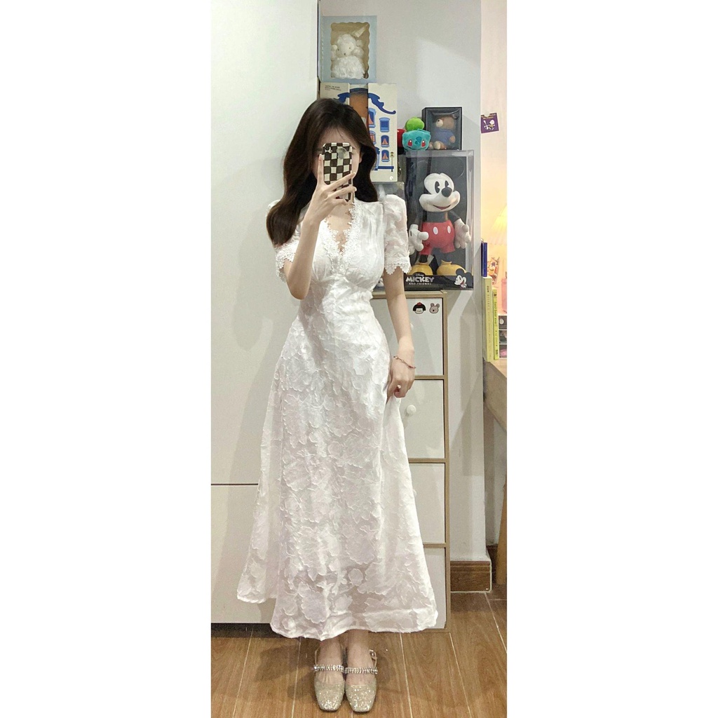 Gaun Lux Entry Perancis Renda Lengan Puff Lembut PutihVDress Wanita Panjang Kerah Elegan Retro