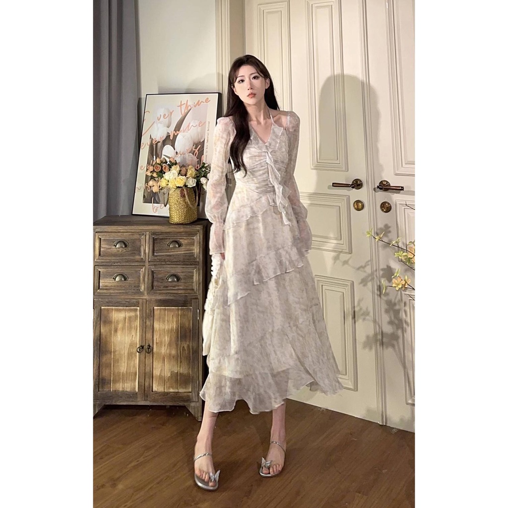 dress floral korea DREAM SEVEN77 Wanita Bunga Beropol Gaun2023Rok Tidak Rata Off-Shoulder Warna Musi