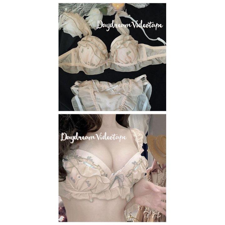 Kupu-kupu Aprikot Sayap Perak2.0~Set Bra Tanpa Kabel Retro Gaya Jepang, Set Bra Nirkabel Seksi Keing