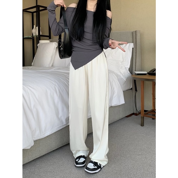 ☄◘✟celana wanita import acetate satin casual pants women s summer 2023 new drape loose trousers high waist straight slim wide leg pants celana wanita celana highwaist