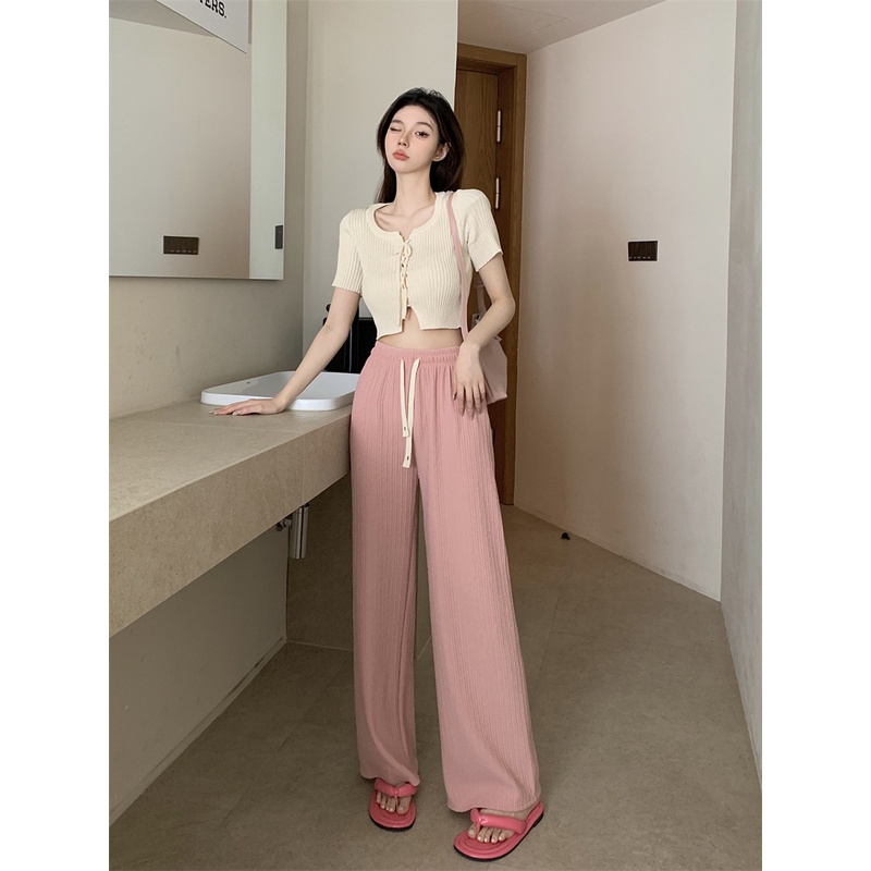 ஐ▽celana wanita import pink tinggi pinggang serut celana kasual wanita musim panas celana tipis lurus berkaki lebar slim temperamen drape mengepel celana celana wanita celana highwaist