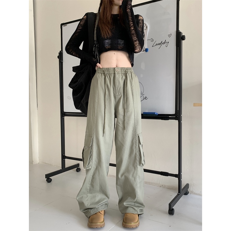 ✥☽❀celana wanita import amerika pinggang elastis kargo retro kasual celana wanita musim panas serut lurus celana longgar pinggang tinggi lebar kaki celana celana wanita celana highwaist